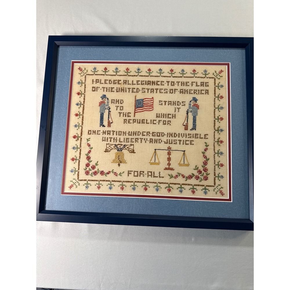 Pledge of Allegiance Cross Stitch Framed Americana Folk Art Flag 16x19